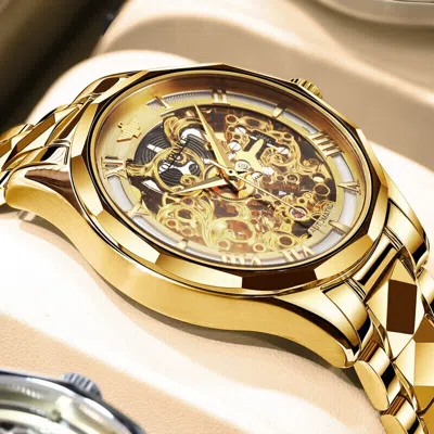 Pre-owned Oupinke 3168 Men Mechanical Wristwatch Automatic Watch Skeleton Waterproof 50m In Full Gold