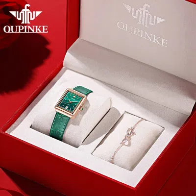 Pre-owned Oupinke 3182 Watch For Women Simplicity Watches Quartz Roman Dial Classic Casual In Green
