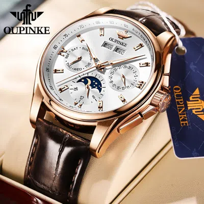 Pre-owned Oupinke Orig Mechanical  Automatic Luxury Watch Sapphire Men Waterproof Leather In Gold-br Leather Strap