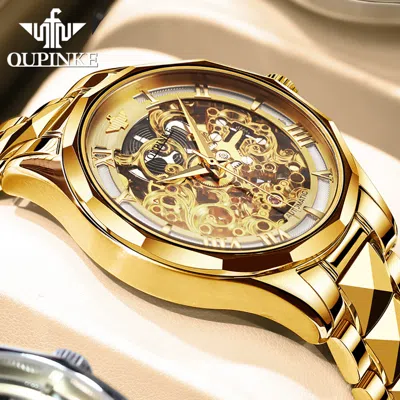 Pre-owned Oupinke Original  Men Watch Skeleton Automatic Mechanical Luxury Waterproof In Gold