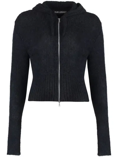 Our Legacy Compact Hooded Ribbed Brushed Alpaca-blend Cardigan In Black