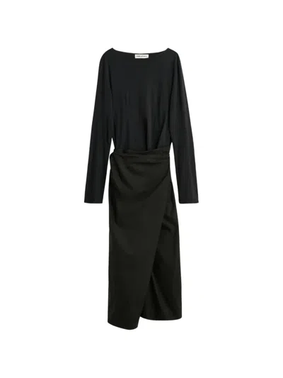 Our Legacy Maxi Dress Long Sleeves Round Neckline Tie In Black