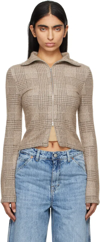 Our Legacy Beige Slim Zip Long Sleeve Sweater In Beige Hound Check