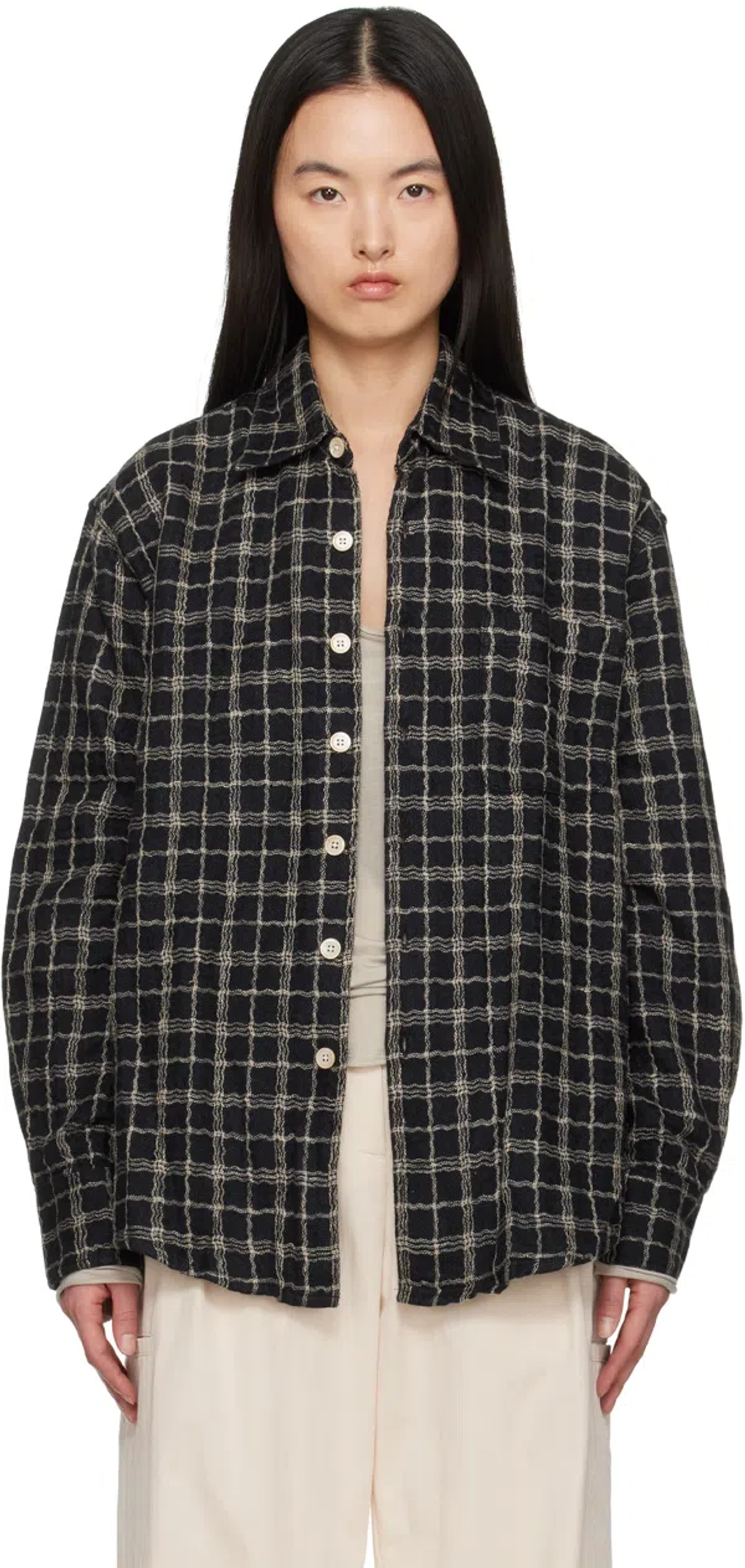 Our Legacy Black & Off-white Above Shirt In Black Fishnet