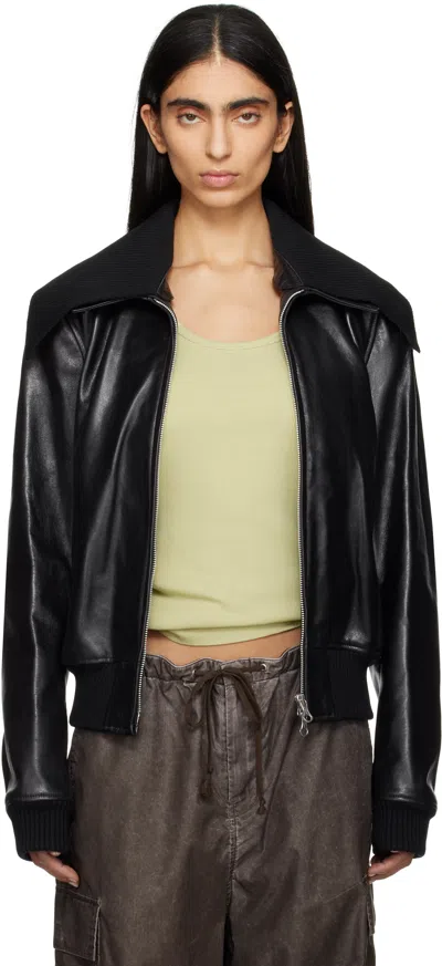 Our Legacy Black Pharos Leather Bomber Jacket In Malleable Black Bull