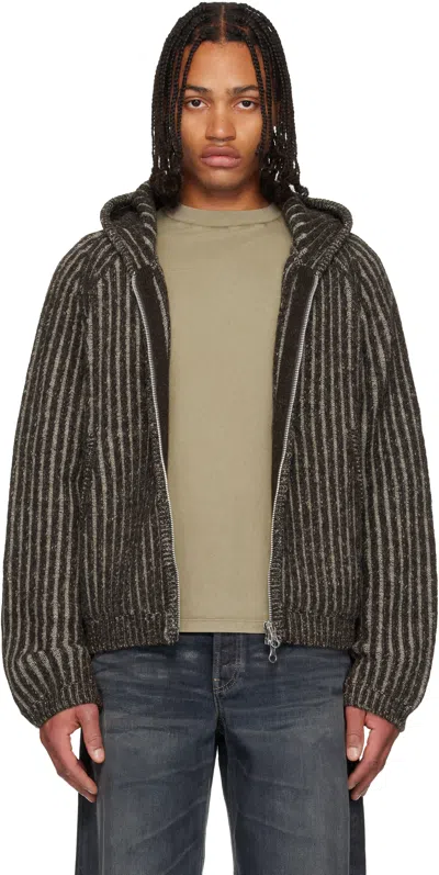 Our Legacy Mens Level Ribbed Wool Hoodie Vanise Brown Stripe In Gray