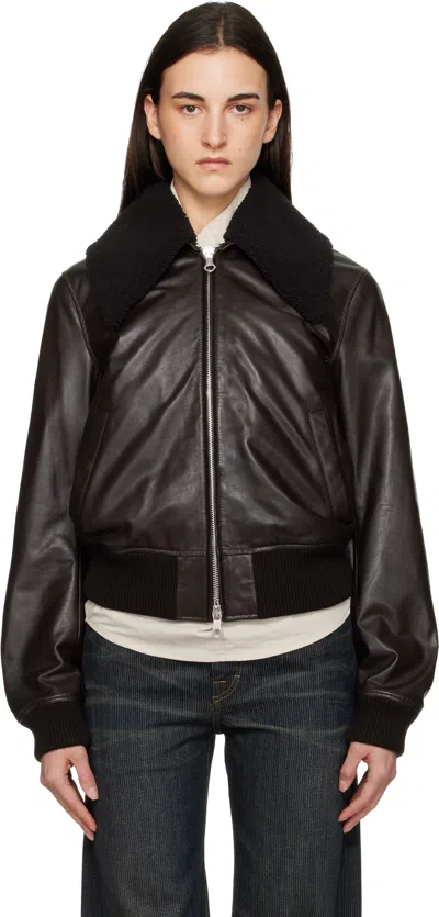 Our Legacy Brown Pharos Leather Bomber Jacket In Black