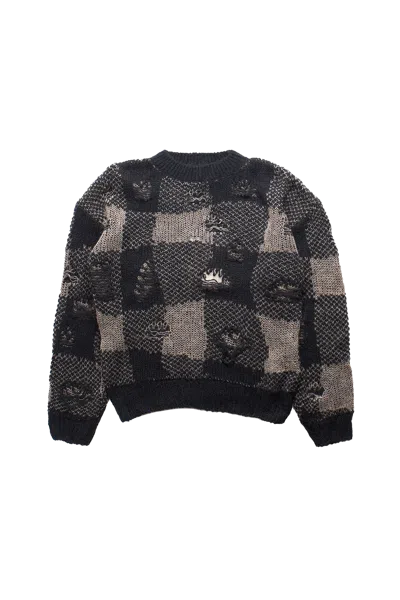 OUR LEGACY OUR LEGACY CHECK DISTRESSED SONAR ROUNDNECK SWEATER BLACK