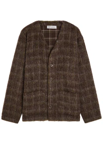Our Legacy Embroidered Wool Blend V-neck Cardigan With Front Pockets In Brown