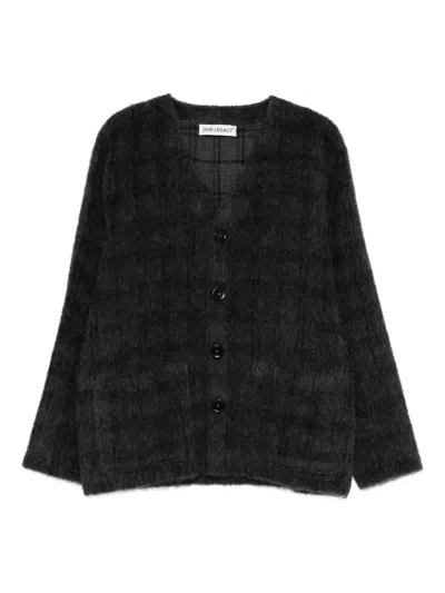 Our Legacy Textured Knit V Neck Sweater Front Pockets In Black