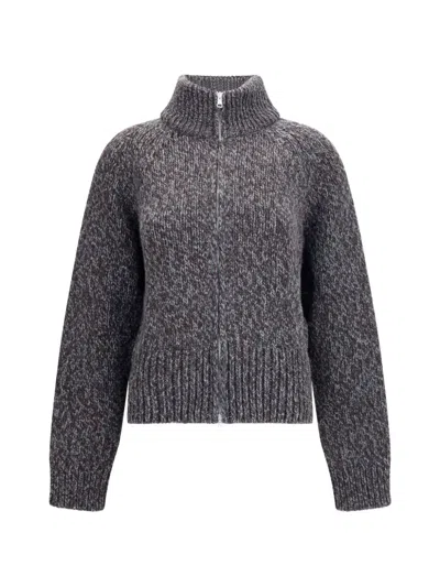 Our Legacy Merino Wool Cropped Fitted Funnel Neck Zip Cardigan In Gray