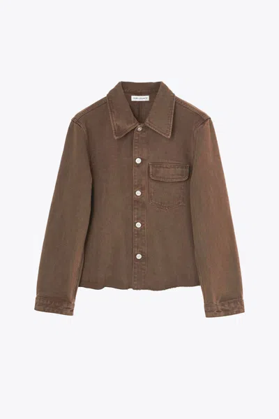 OUR LEGACY CUT REBIRTH BROWN DENIM OVERSHIRT WITH RAW-CUT HEM - CUT REBIRTH JACKET