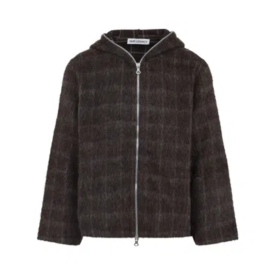 OUR LEGACY DORF CHECK BROWN WOOL FULL ZIP HOOD SWEATSHIRT