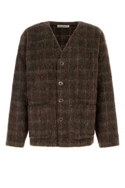 Our Legacy Embroidered Wool Blend V-neck Cardigan With Front Pockets In Brown