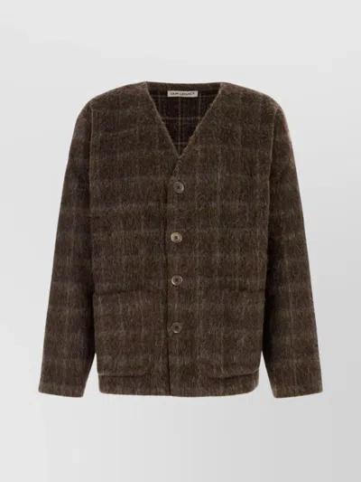 OUR LEGACY EMBROIDERED WOOL BLEND V-NECK CARDIGAN WITH FRONT POCKETS