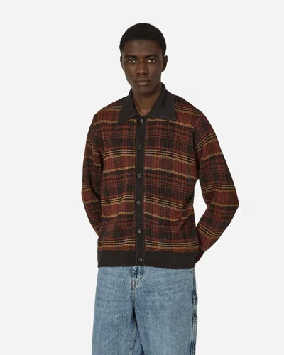 Our Legacy Evening Polo Intarsia Check Hemp Cardigan In Rust Geezer Check
