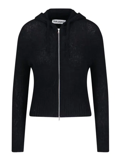 Our Legacy Hooded Zip-up Knit Sweater With Ribbed Details In Animal Print