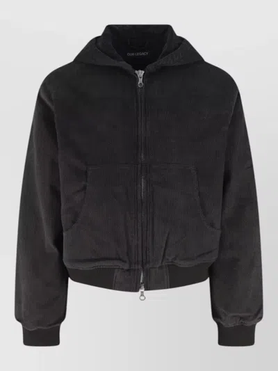 Our Legacy Hooded Coat Ribbed Cuffs Hem Side Pockets In Black