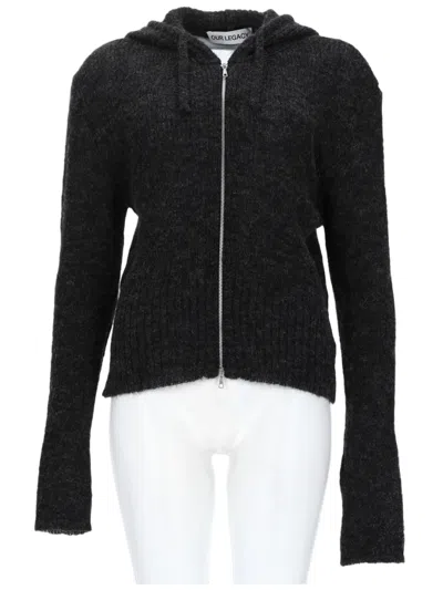 Our Legacy Hooded Knit Sweater With Full Zip Closure And Ribbed Detailing In Black
