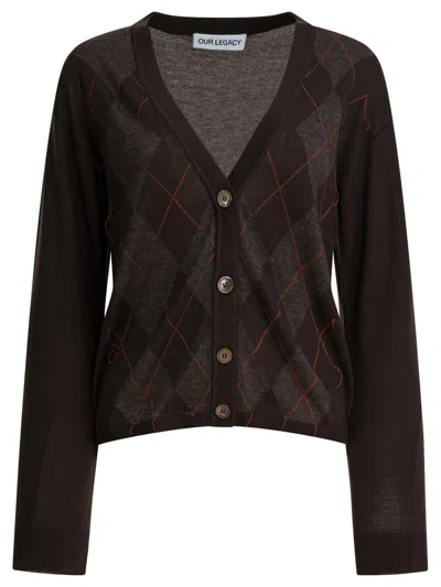 Our Legacy V-neck Argyle Pattern Cardigan With Button-down Front In Black