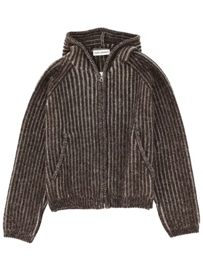 Our Legacy Mens Level Ribbed Wool Hoodie Vanise Brown Stripe In Gray