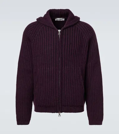 Our Legacy Ribbed Knit Hoodie With Integrated Hood In Purple