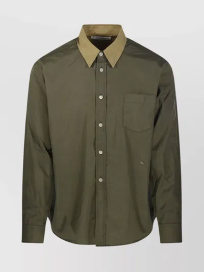 Our Legacy Long Sleeve Shirt With Chest Pocket And Contrast Collar In Green