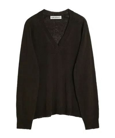 Our Legacy Dark Green Linen V-neck Sweater In Black