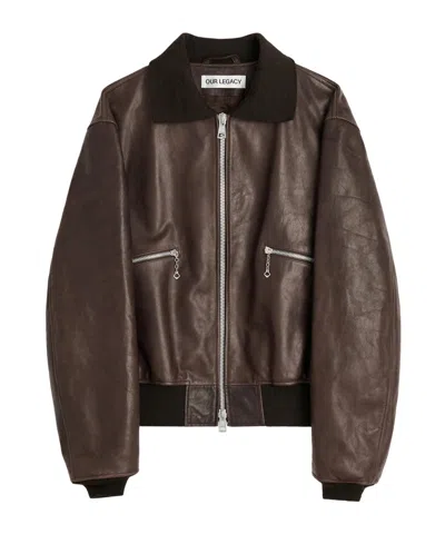 Our Legacy Waxed Cotton-trimmed Leather Bomber Jacket In Brown
