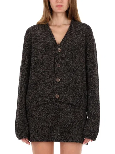 OUR LEGACY MARLED BROWN SWEATER WITH V-NECK AND BUTTON-DOWN FRONT