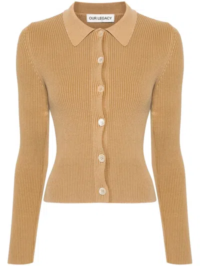 Our Legacy Ribbed Cotton Cardigan With Collar And Long Sleeves In Brown
