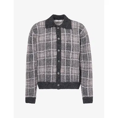 Our Legacy Mens Check-pattern Knitted Cardigan Grand Check In Black