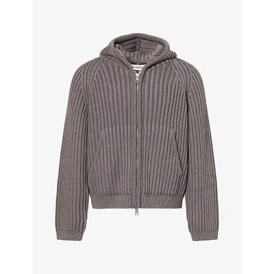 Our Legacy Mens Level Hooded Rib-merino-wool Hoody Sage Stripe In Gray