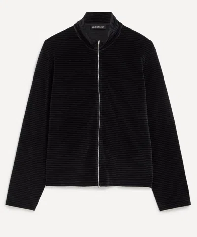 Our Legacy Mens Shrunken Full-zip Striped Velour Polo In Black