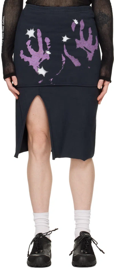 Our Legacy Navy Slashed Midi Skirt In Lilac Taste Print