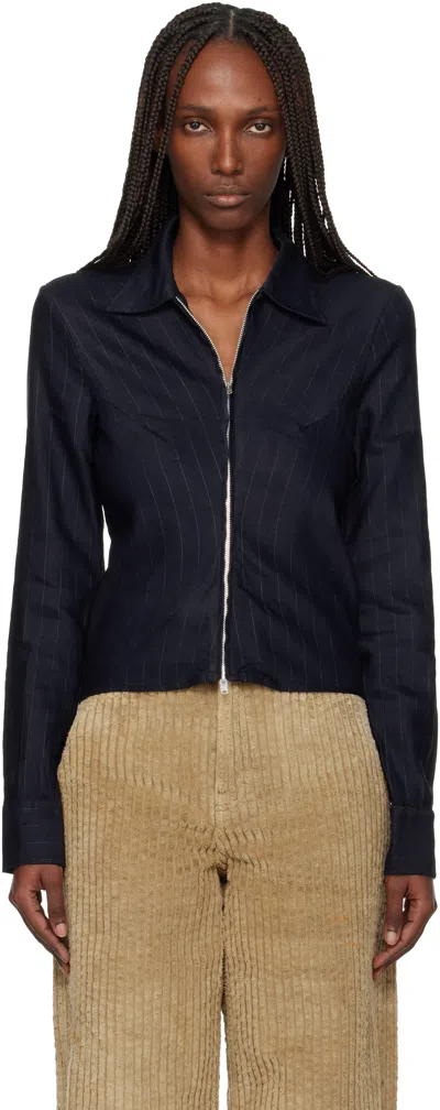 Our Legacy Navy Slim Zip Shirt In Blue