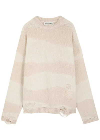 Our Legacy Popover Roundneck Striped Distressed Cotton-blend Jumper In White