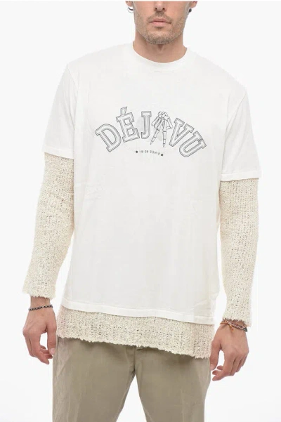 Our Legacy Printed Crewneck T-shirt With Linen Blend Sleeves In White