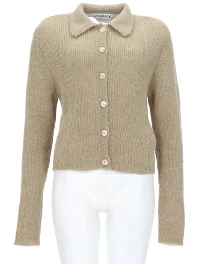 Our Legacy Ribbed Knit Cardigan With Classic Polo Collar And Button-down Front In Neutral