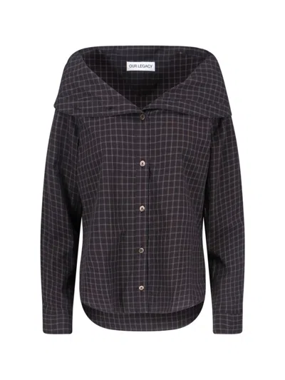 Our Legacy Checked Pattern Long Sleeve Top With Collar In Black