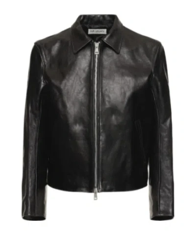 Our Legacy Cropped Leather Jacket With Classic Collar And Minimalist Design In Black
