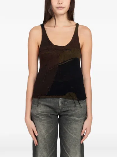 Our Legacy Sleeveless Scoop Neck Camouflage Knit Top In Brown