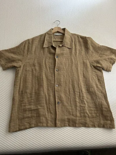 Pre-owned Our Legacy Ss23 Linen Elder Shirt - Oat Texan Pinstripe - Size 52 In Sand