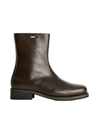 Our Legacy Deep Olive Italian Leather Ankle Boot With Vibram Sole In Brown
