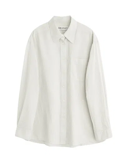 Our Legacy Stylish Stripe Print Shirt With Buttoned Cuffs And Curved Hem In White
