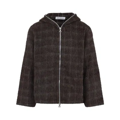 Our Legacy Dorf Check Brown Wool Full Zip Hood Sweatshirt In Gray