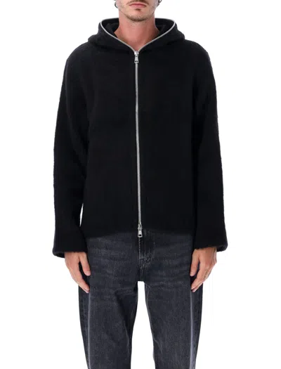 Our Legacy Textured Black Full-zip Hooded Garment With Silver Fastening
