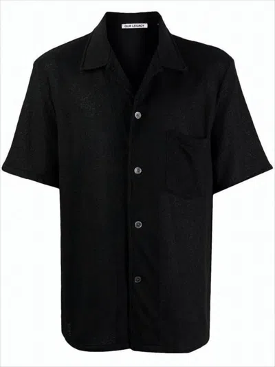 Our Legacy Textured Black Short-sleeved Shirt With Classic Collar
