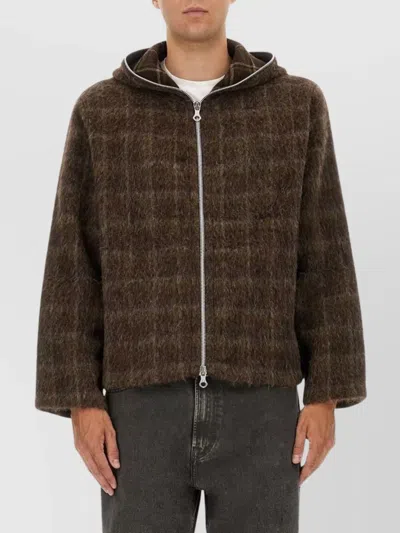 Our Legacy Textured Checkered Hooded Jacket With Long Sleeves In Brown