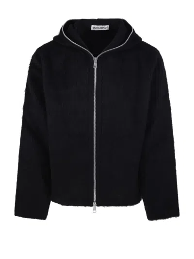 Our Legacy Textured Full Zip Hood Sweatshirt With Cozy Hood In Black